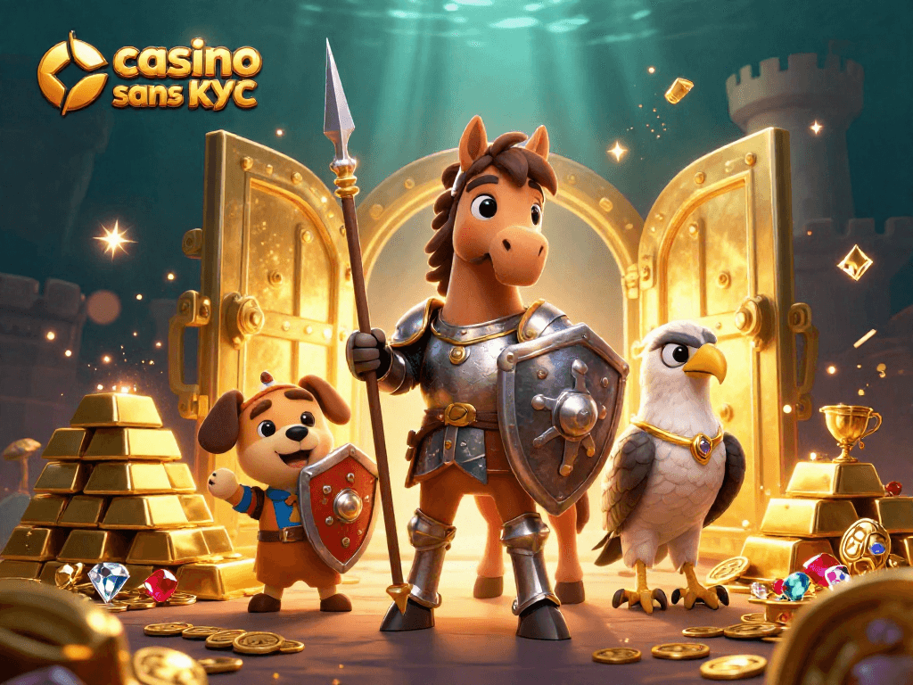 Illustration dynamique de casino en ligne sans KYC avec des personnages et des trésors scintillants.