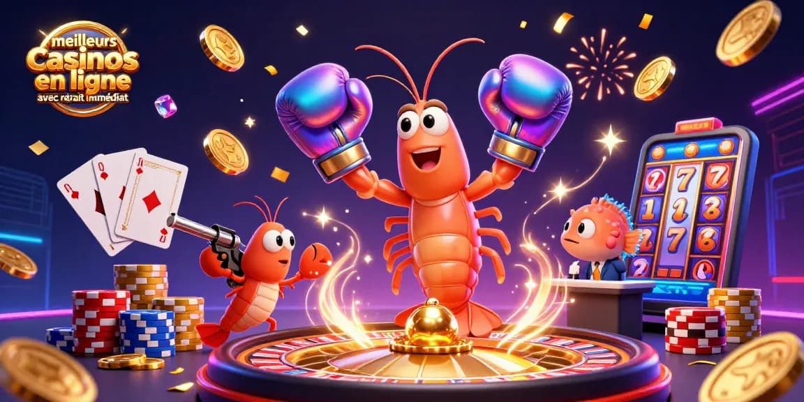 Illustration des meilleurs casinos en ligne avec retrait immédiat, montrant des personnages marins entourés de pièces d'or et de jetons de poker.