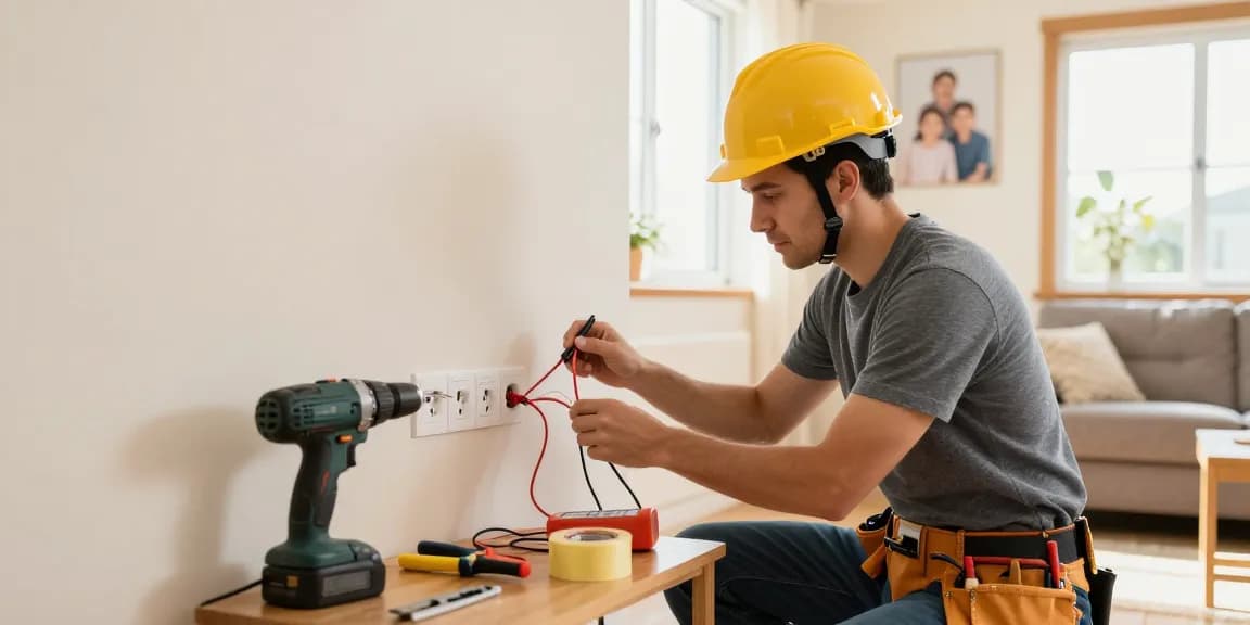 Domestic electrician checking electrical outlets in a cozy home setting, surrounded by tools and warm light.