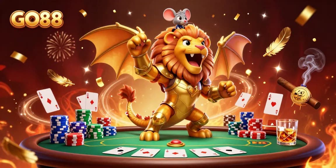 Engage in high-stakes gameplay with GO88's thrilling poker action and vibrant victory celebration.