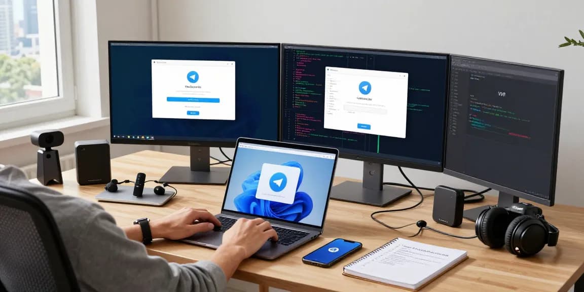 Accessing telegram china web login from a stylish tech workspace with multiple screens showcasing secure connections.