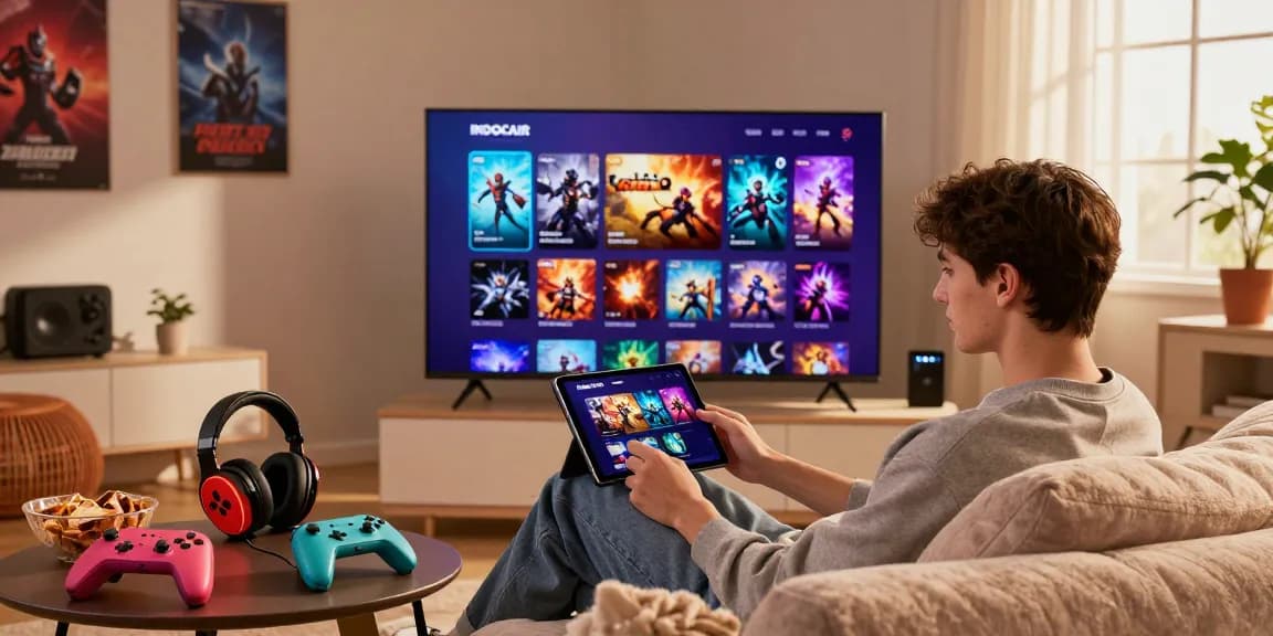 Enjoying the indocair login experience on a tablet in a cozy living room with gaming elements.