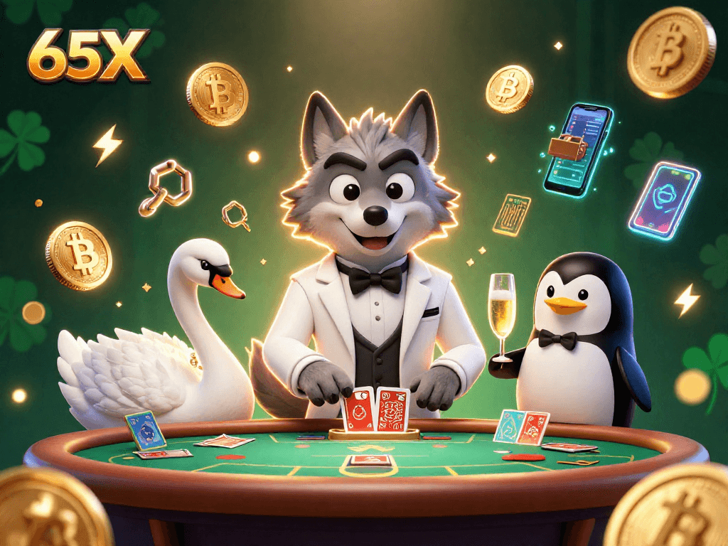 Os personagens do 65X jogam cartas em um cassino, rodeados por moedas digitais brilhantes.