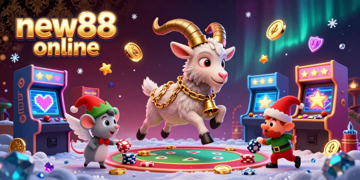 Experience the thrill of new88 online casino with a festive Krampus goat, angel mouse, and gremlins in a vibrant, engaging scene.