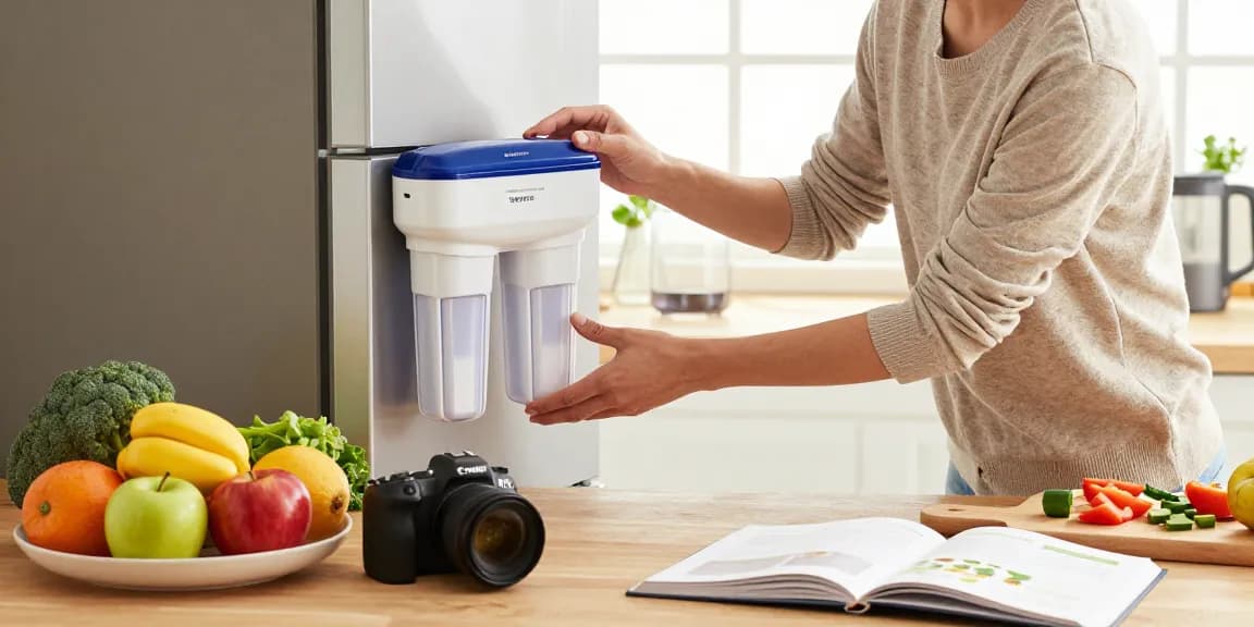 AQUACREST DW2042FR-09 Refrigerator Water Filter being installed in a modern kitchen, emphasizing healthy living and fresh ingredients.