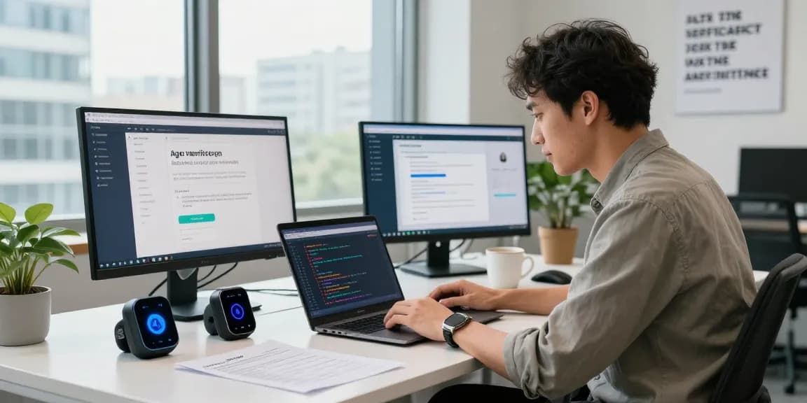 AI-powered age verification system in a modern tech workspace featuring an IT specialist integrating compliance solutions.
