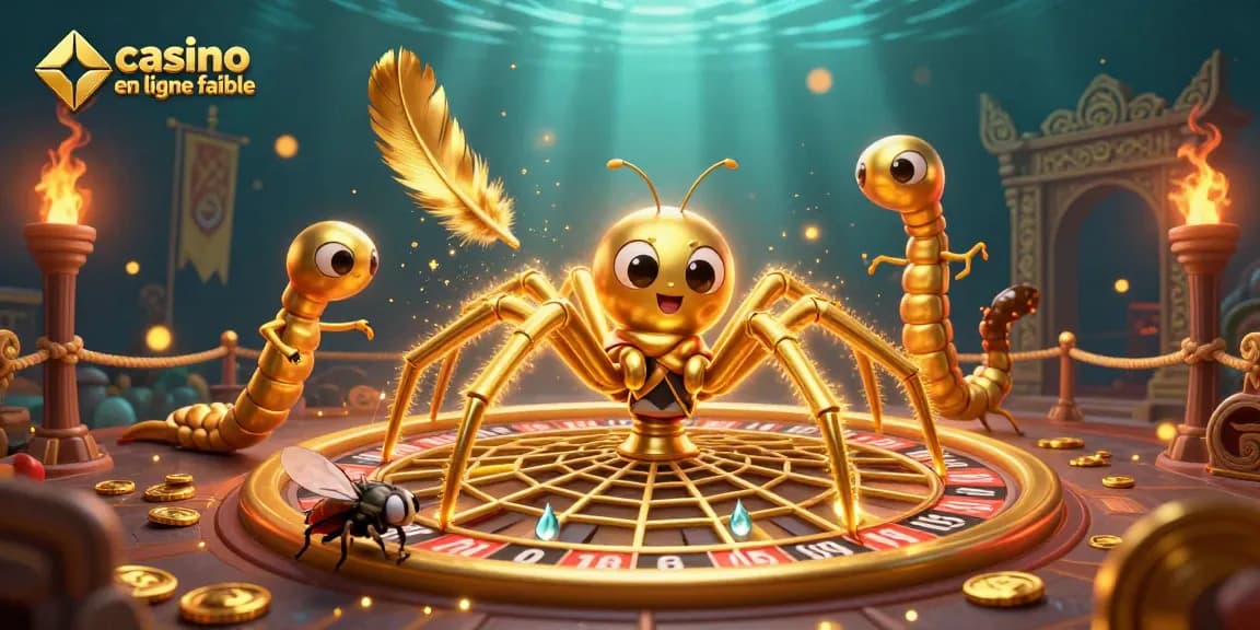 Cette illustration montre un casino en ligne fiable illustré par une araignée d'or et des jeux de roulette, créant une ambiance immersive de jeu.