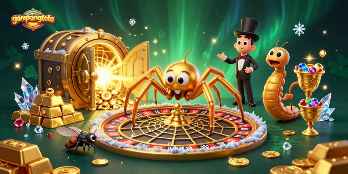 Place bets at Gampangtoto with a golden spider spinning a roulette wheel illustration