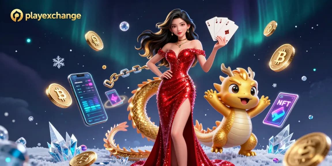 Engage with playexchange's vibrant casino scene featuring an elegant woman and a playful dragon.