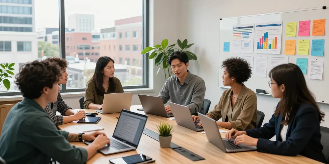 Engaged team collaborating in a Spokane marketing agency workspace focused on SEO strategies.