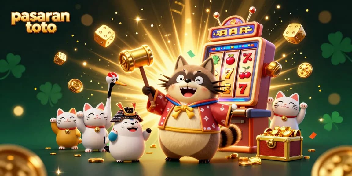 Pulsing with excitement, this vibrant scene illustrates 'pasaran toto' with a cheerful tanuki, 3D slot machine action and winning symbols.