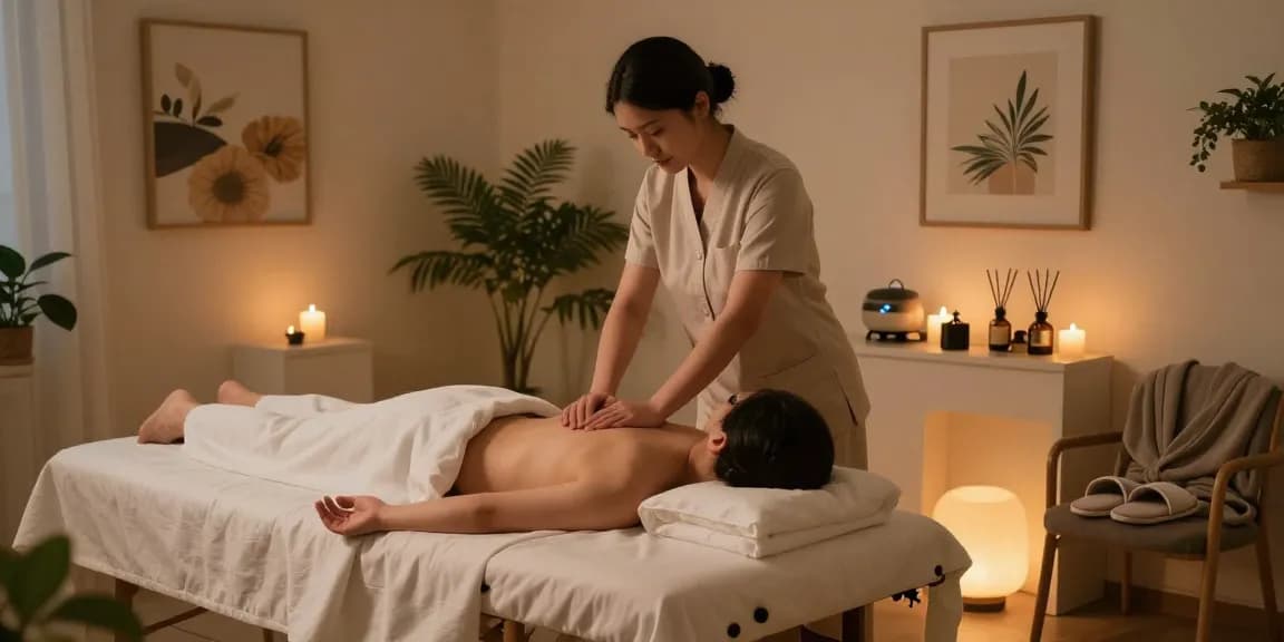 출장마사지 treatment session in a serene wellness center with calming decor and ambient lighting.