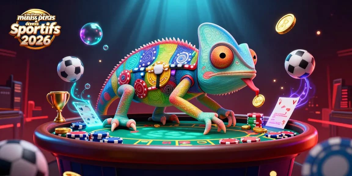 Les meilleurs sites de paris sportifs 2026 offrent une expérience dynamique avec un chameleon coloré et des éléments de paris captivants.