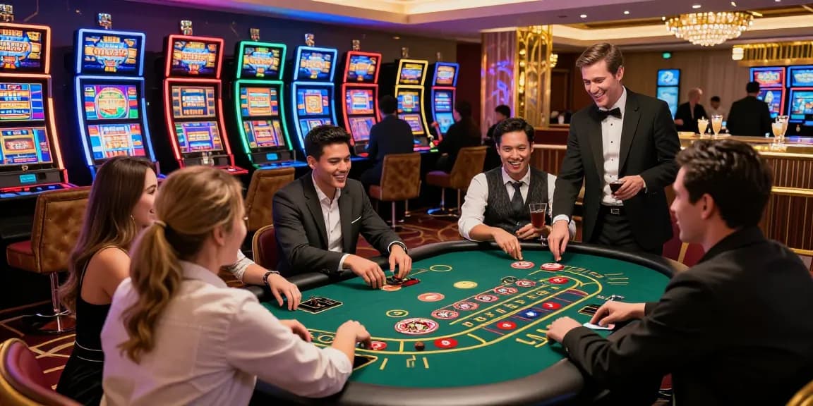 Scène de casino en ligne captivante avec des amis profitant de jeux en direct et d'une atmosphère vibrante.