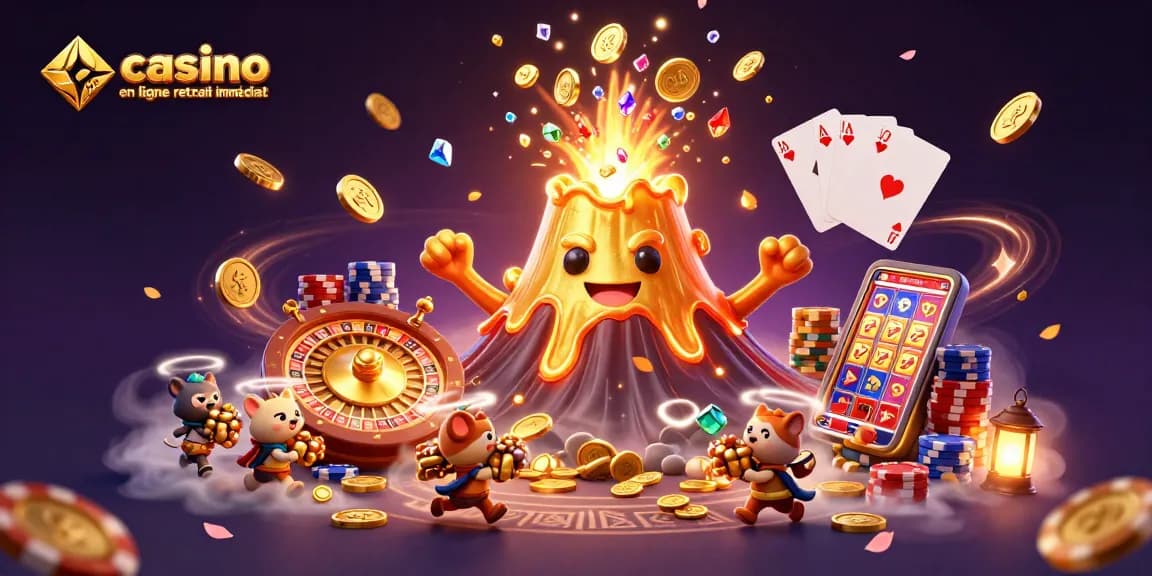 Illustration dynamique d'un volcan doré avec des pièces et gemmes, évoquant l'excitation du casino en ligne retrait immédiat.
