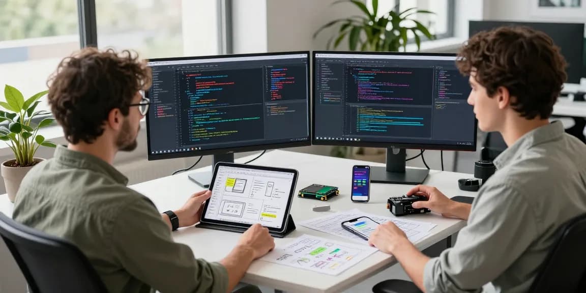 Developer at telegraimin.com coding in modern workspace with vibrant app designs