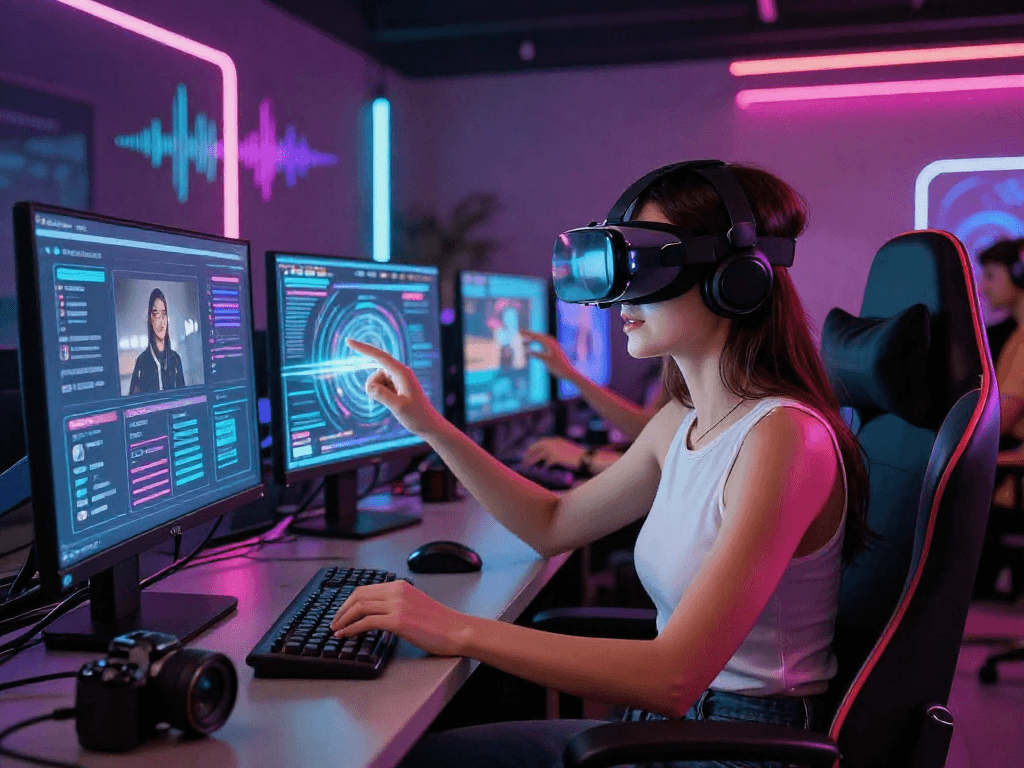 Interactive AI sluts platform with user in VR, showcasing digital features.
