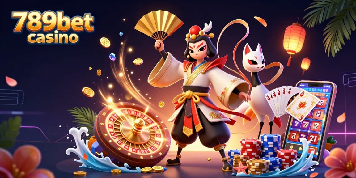A thrilling scene showcasing 789bet casino with a kabuki warrior and kitsune mask alongside casino elements, creating a vibrant atmosphere.