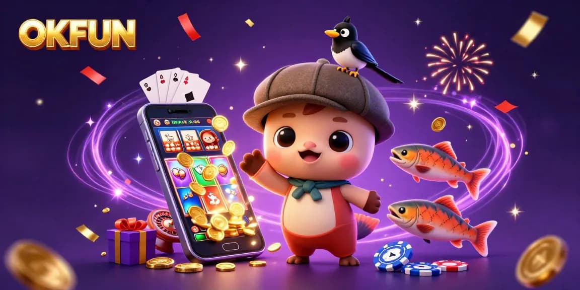 OKFUN engages players with exciting slots and lively gaming fun in a vibrant illustration.