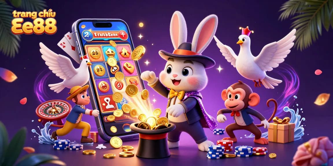 Experience the magic at trang chủ Ee88 with a 3D magician pulling coins while surrounded by casino elements.