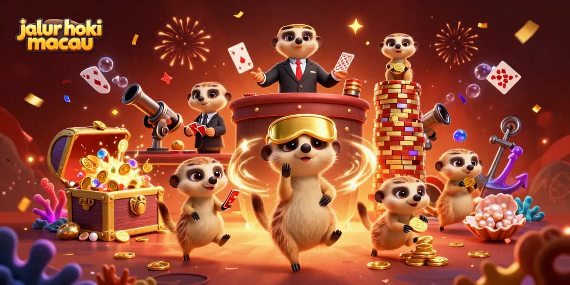 Experience thrilling gaming action with jalur hoki macau as meerkats run a vibrant casino featuring colorful gems and festive confetti.