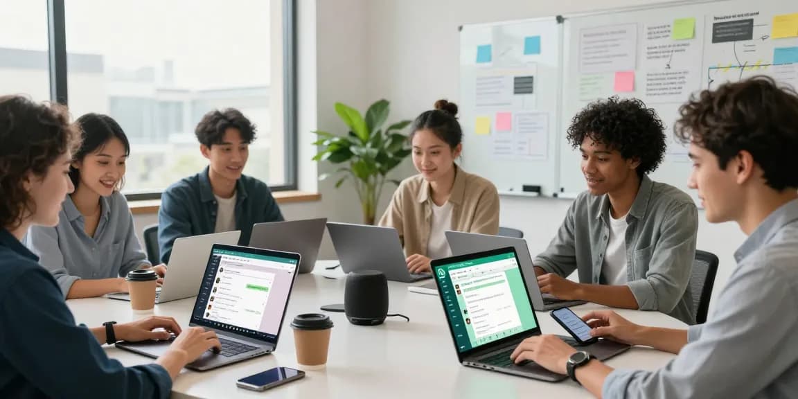 Professionals utilizing WhatsApp網頁版 in a collaborative workspace, showcasing diverse teamwork.