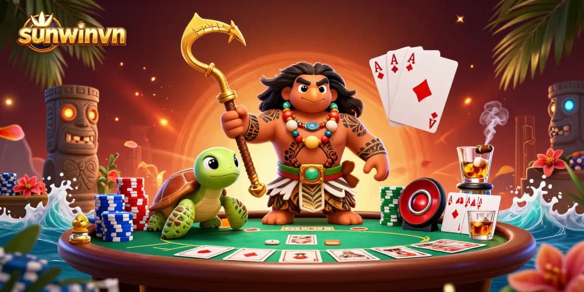 Win exciting poker rounds at sunwinvn with a vibrant 3D illustration of Maui and friends!
