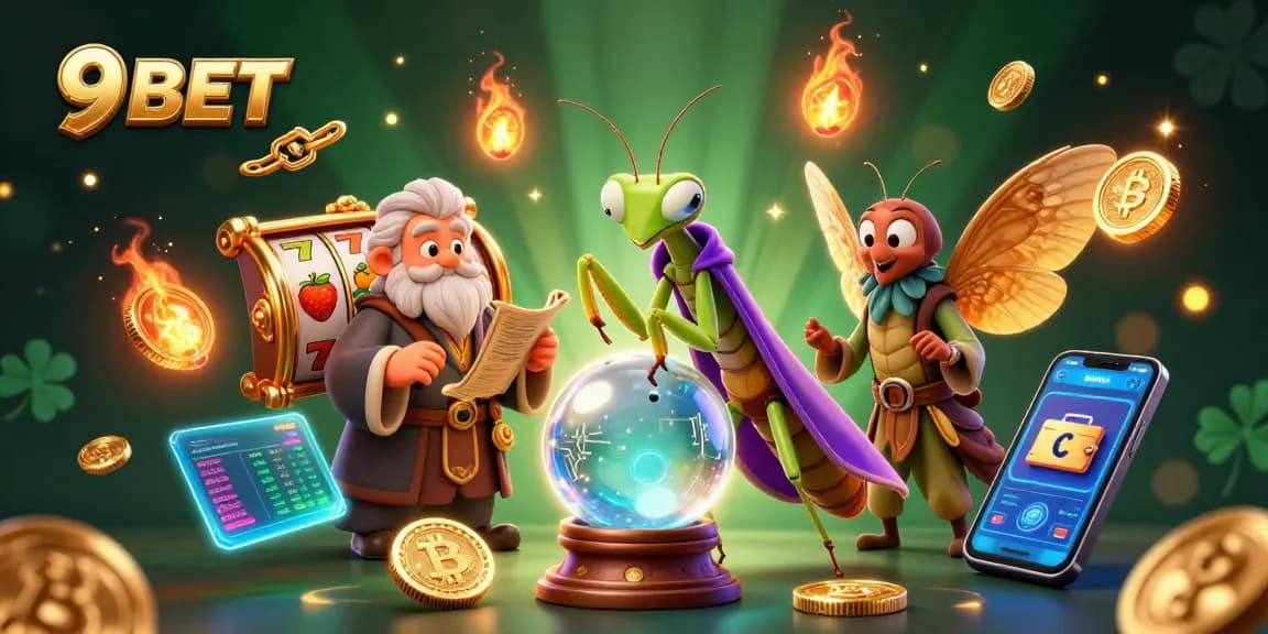 Engage with thrilling games at 9BET, featuring stunning visuals of vibrant slot elements and enchanting characters.