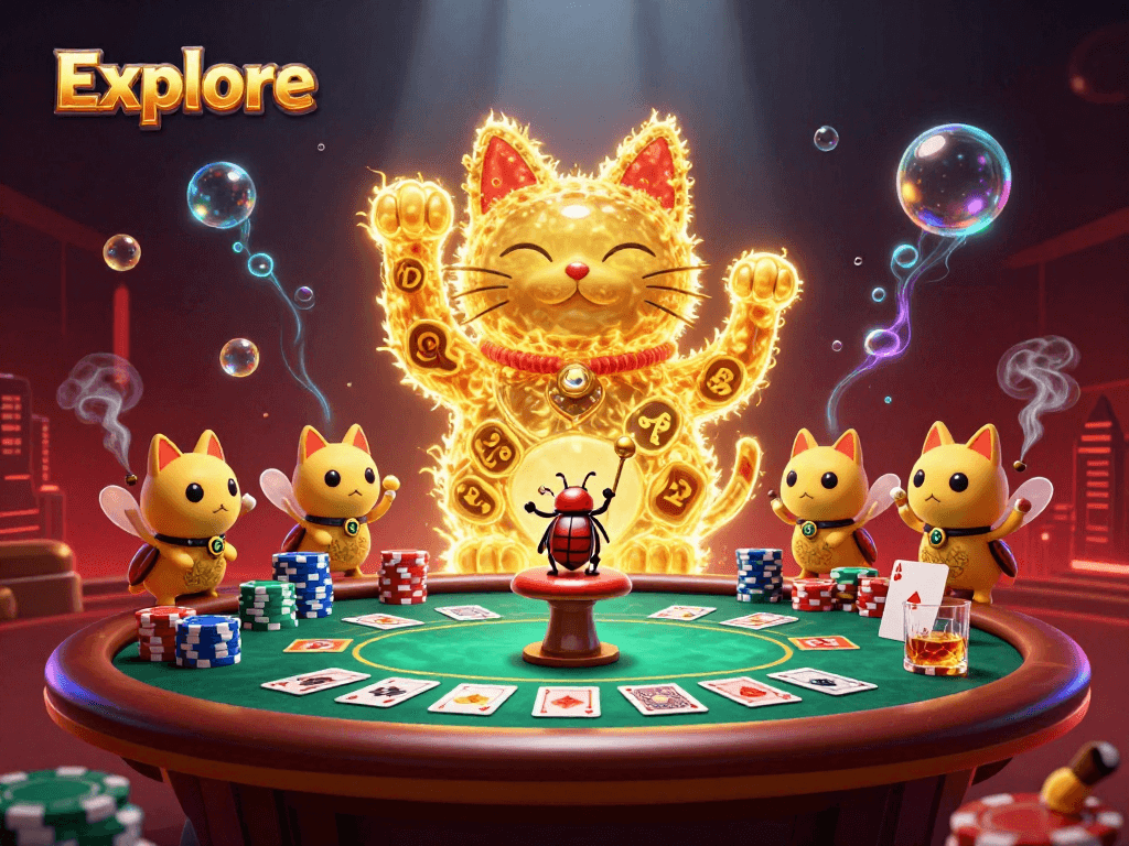 Explore the excitement of gambling with a colorful illustration featuring a lucky cat and vibrant casino elements.