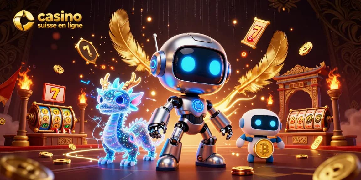 Plongez dans le monde du casino suisse en ligne avec une scène dynamique chargée de jeux et de personnages futuristes.