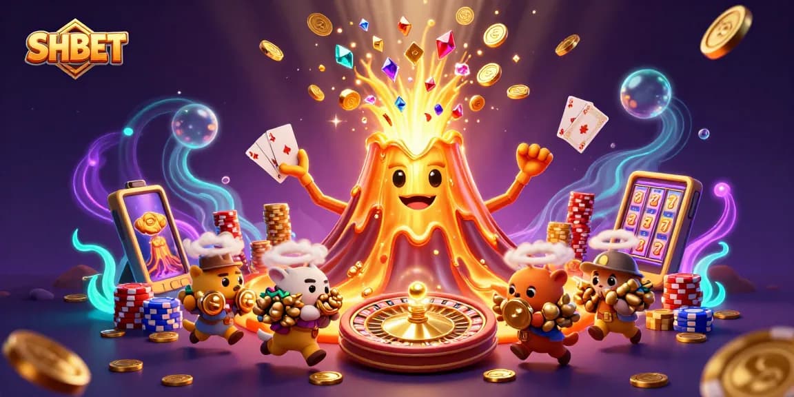 Win big at SHBET with vibrant 3D gaming adventure featuring a victorious volcano and treasure-filled characters.