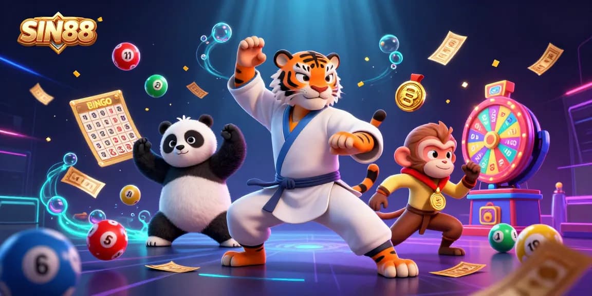 SIN88 engages players in a vibrant, dynamic lottery scene with animated game elements and characters.