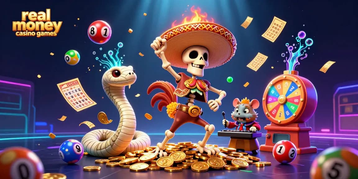 Immerse in real money casino games with vibrant lottery elements, dynamic characters, and a festive atmosphere.