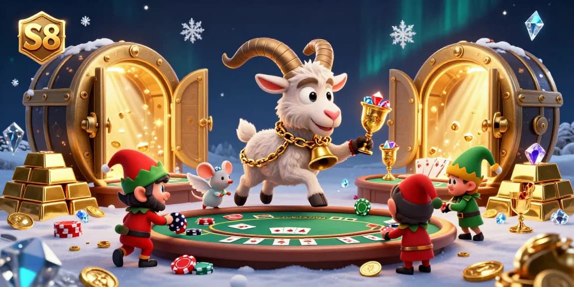 S8 engages players with a lively holiday casino scene featuring a 3D cartoon Krampus goat, poker chips, and magical elements.