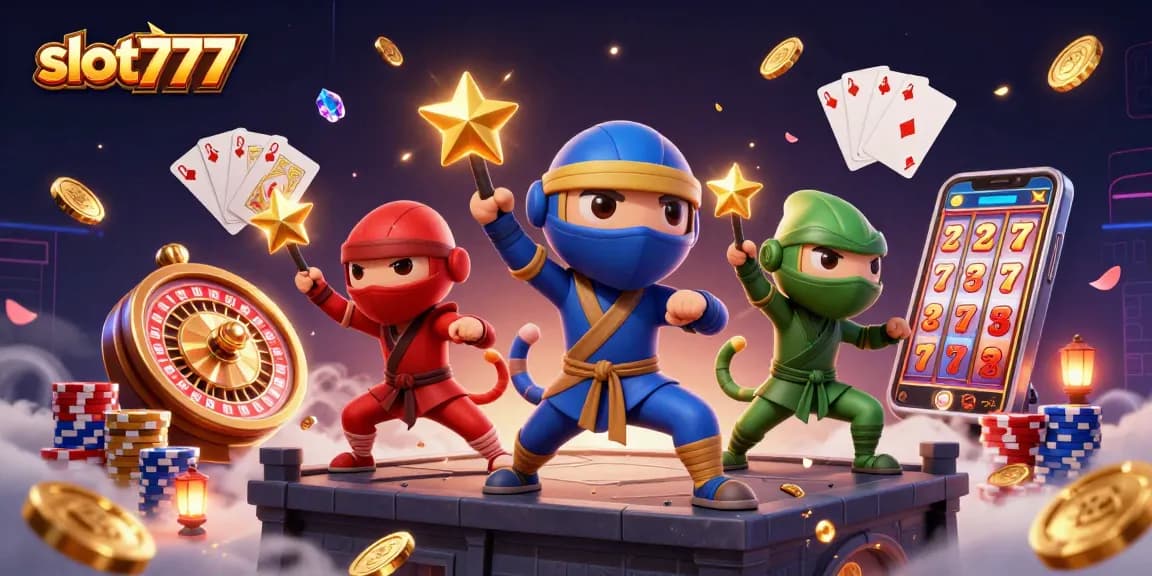 Experience the excitement of slot777 with chameleons and casino elements in a vibrant 3D illustration.
