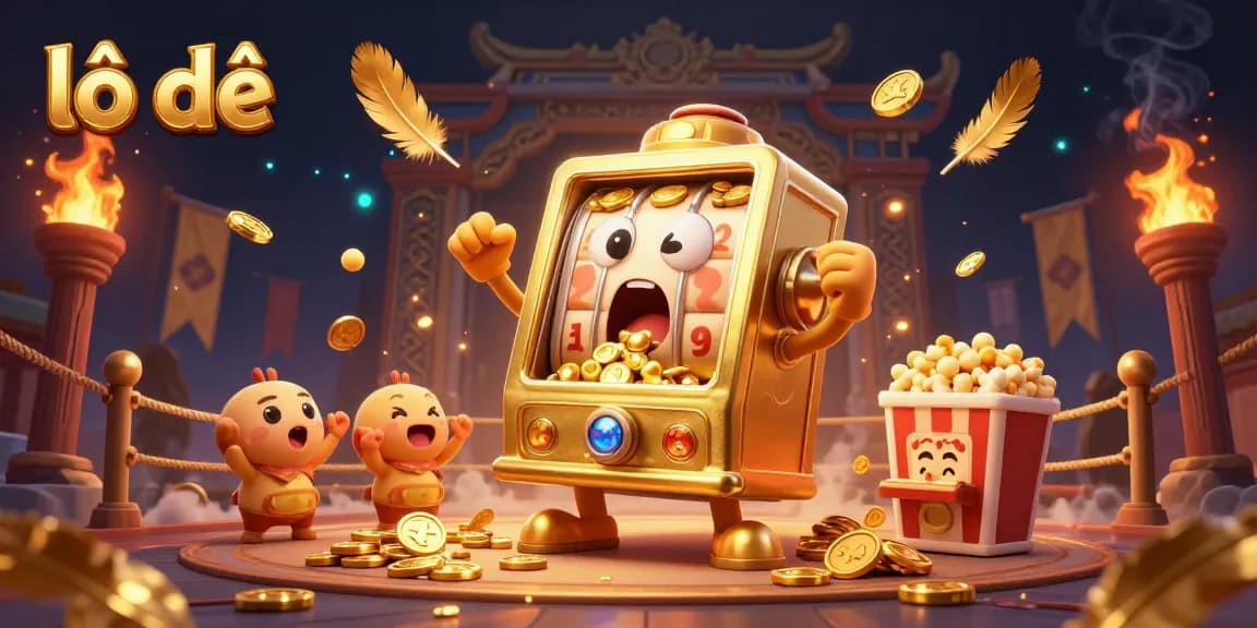 Win big with lô đề in a vibrant casino scene featuring animated slot machines and gold coins.