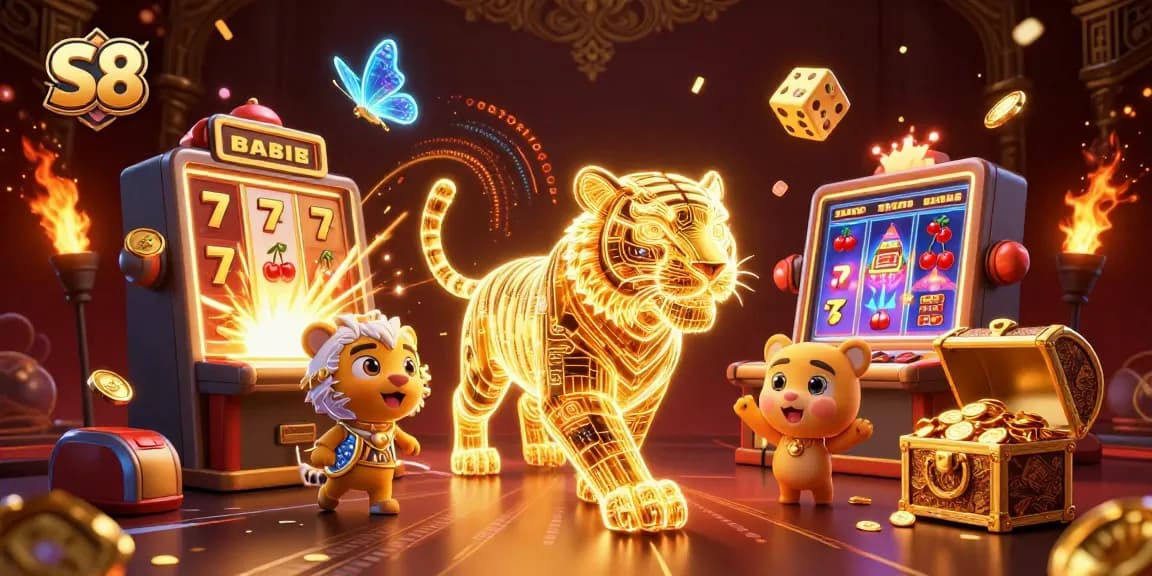 Experience the thrill with S8's dynamic casino scene, featuring a golden tiger and explosive jackpots.