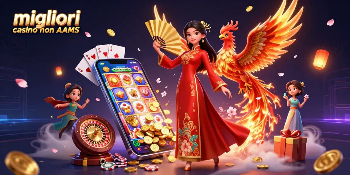 Vetrina dei migliori casino non AAMS che presenta un gioco di slot virtuale con monete d'oro, personaggi vivaci ed elementi festivi.
