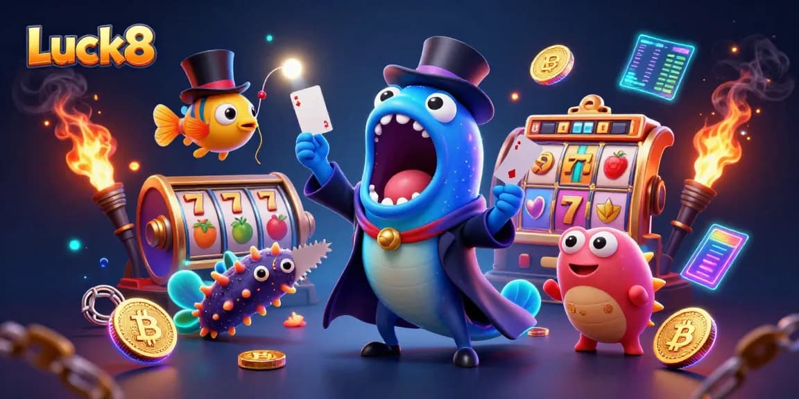 Luck8 stunningly presents a vibrant 3D casino scene featuring colorful slot game elements and imaginative sea creatures.