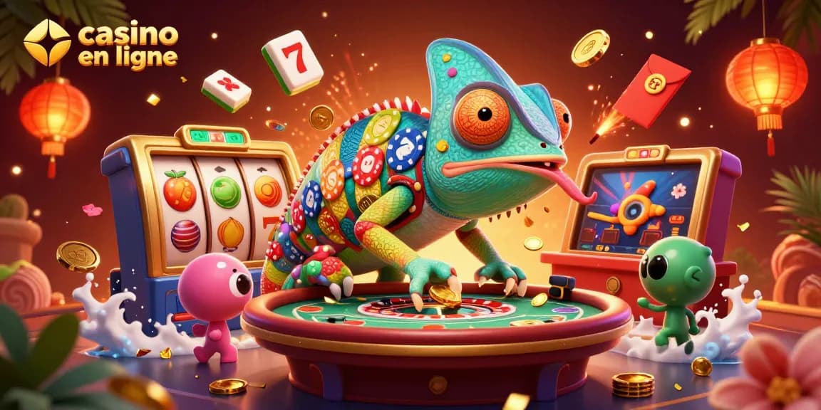 Profitez du casino en ligne avec une scène animée de jeux et de gains colorés.