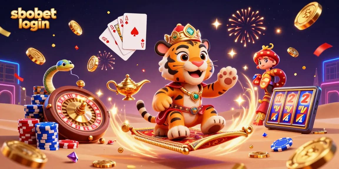 Experience sbobet login with a vibrant depiction of an Arabian Nights-themed sultan and immersive casino elements.