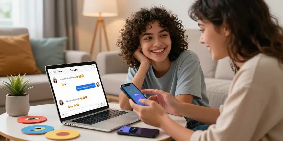 Engaging couple enjoying a free AI sex chat, smiling in a cozy, modern setting with a laptop and colorful decor.