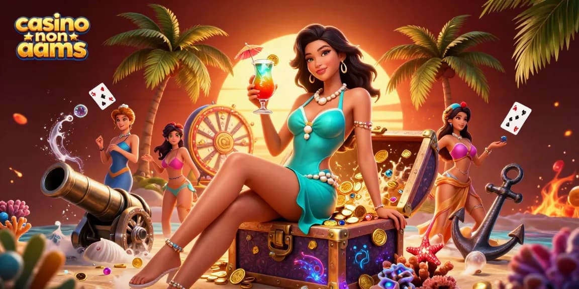 Vivi l'emozione dei casino non AAMS con personaggi vivaci e elementi di gioco ricchi in un'ambientazione mozzafiato su una spiaggia al tramonto.