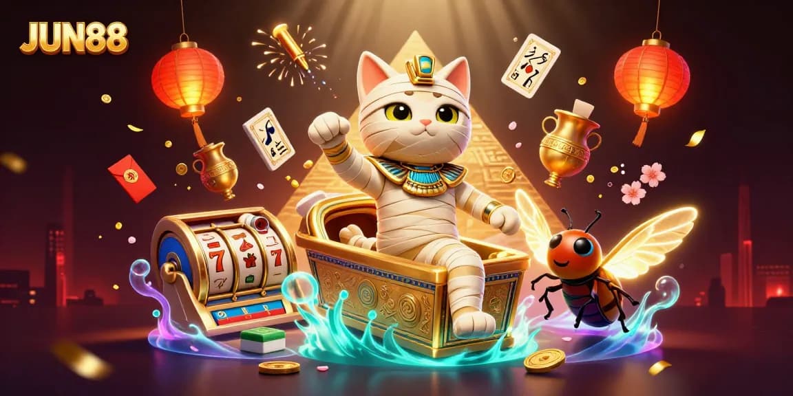Experience thrilling casino action at JUN88 with an exhilarating illustration of a mummy cat and vibrant game elements.