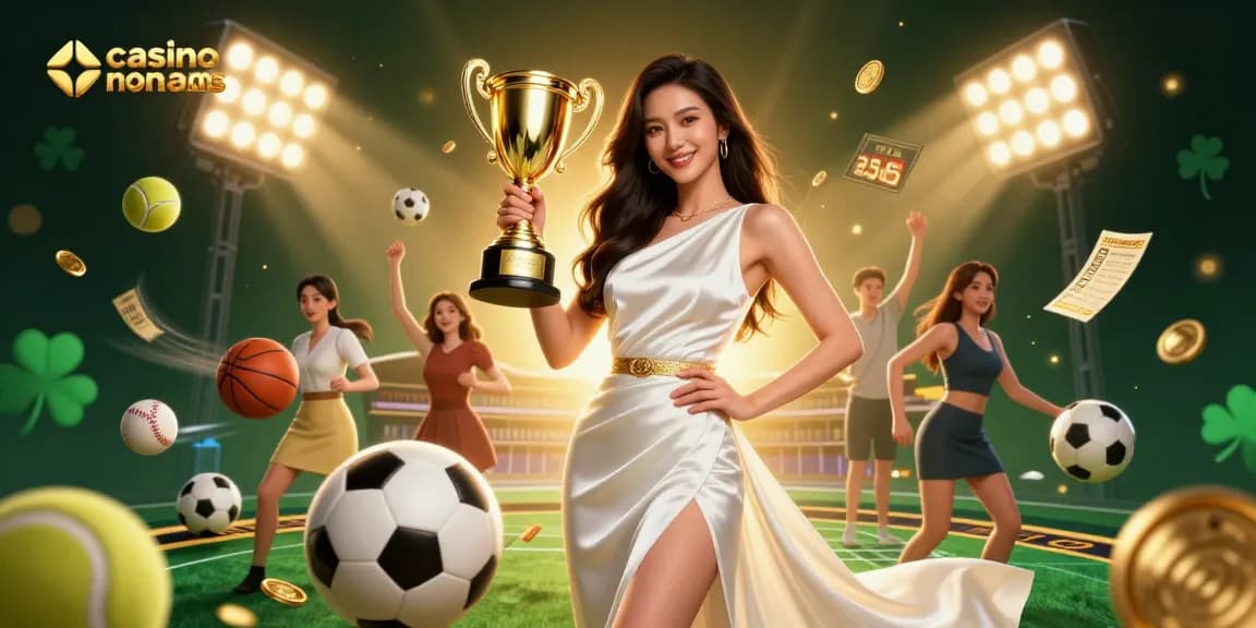 Immergiti nel brivido dei casino non aams mentre una donna asiatica sicura di sé tiene un trofeo tra elementi sportivi vibranti.