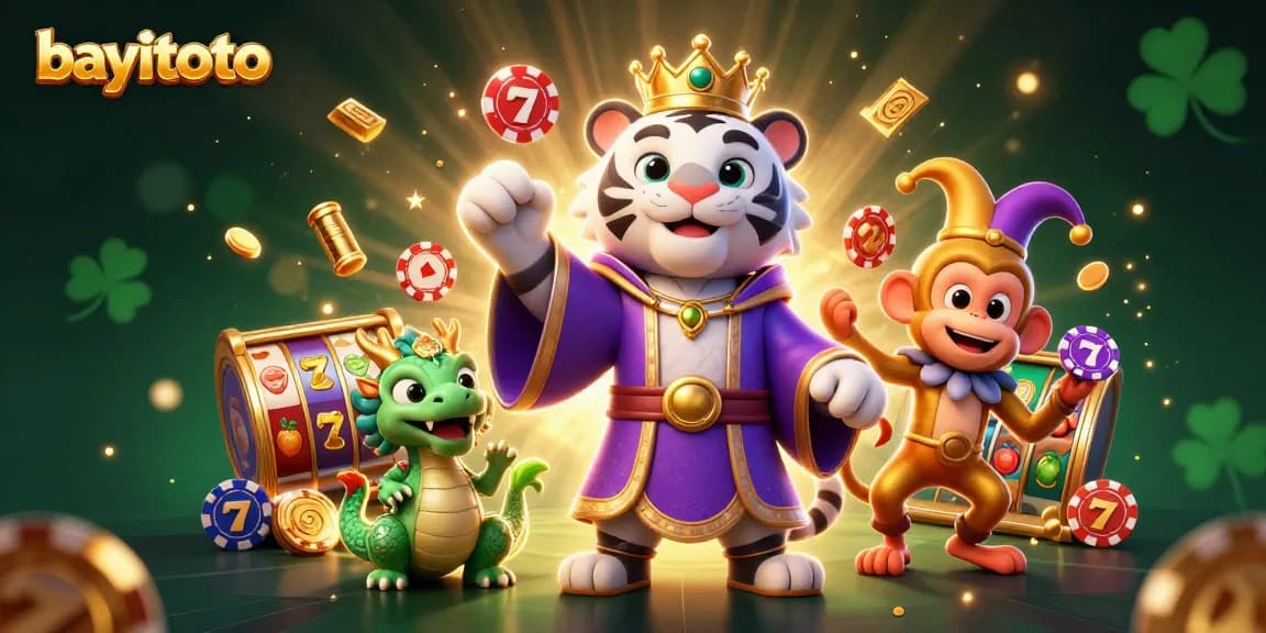 Engage with bayitoto in a lively casino scene featuring a tiger, monkey, and dragon.