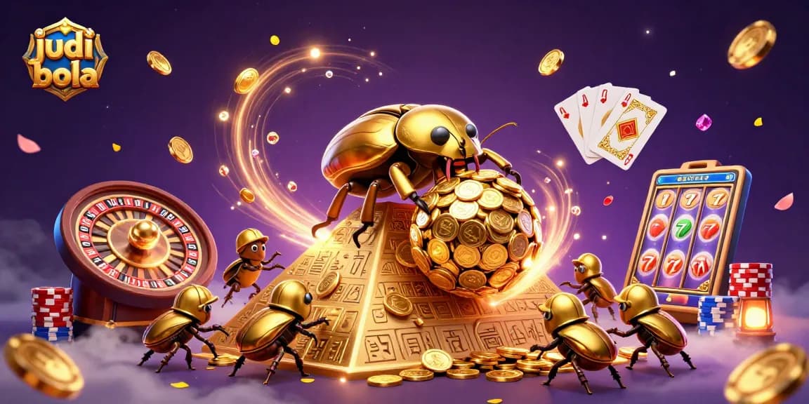 Win big with judi bola—golden beetles rolling coins amidst casino magic in a vibrant scene.