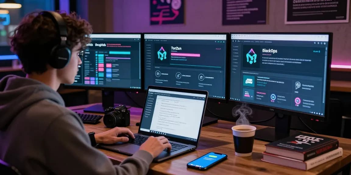 Individual studying Best Darknet Markets 2026 in a cyber cafe with monitors showing top onion markets.