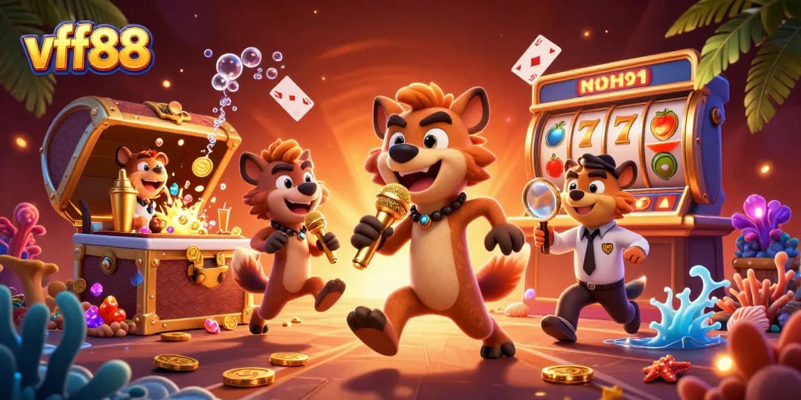 Experience the vibrant energy of vff88 with hyenas in a comedy casino scene, highlighted by dynamic slot elements.