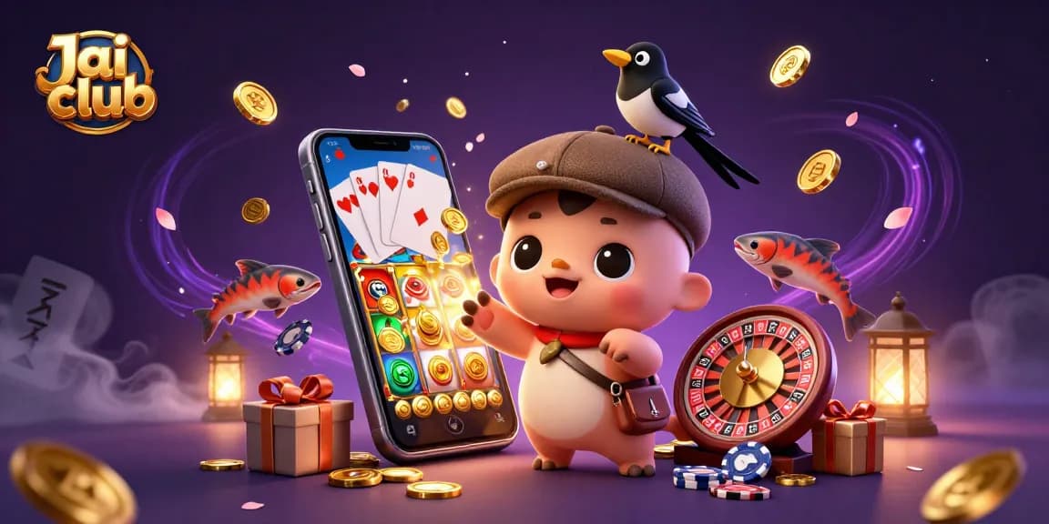 Engage with Jai club's exciting games featuring a magical, playful scene filled with vibrant casino elements.